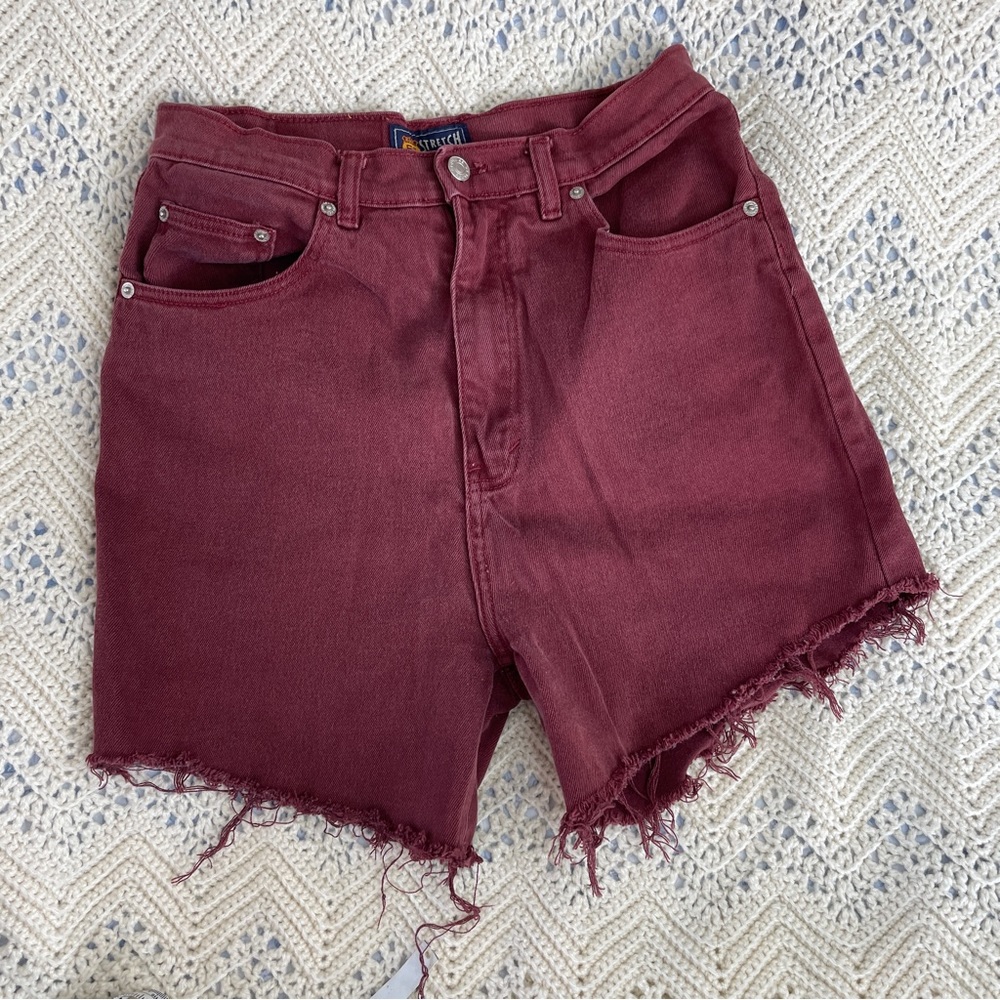 Vintage Shorts High Waisted Cut Off Mom Jean Burgundy Fraying Distressed 90s Red - Picture 3 of 6